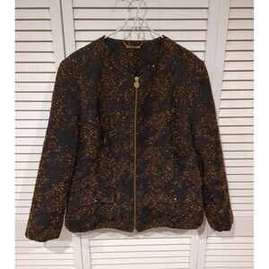 VTG Dana Buchman Women's Jacket Blazer L Brown‎ Black Speck Full Zip Gold Pull